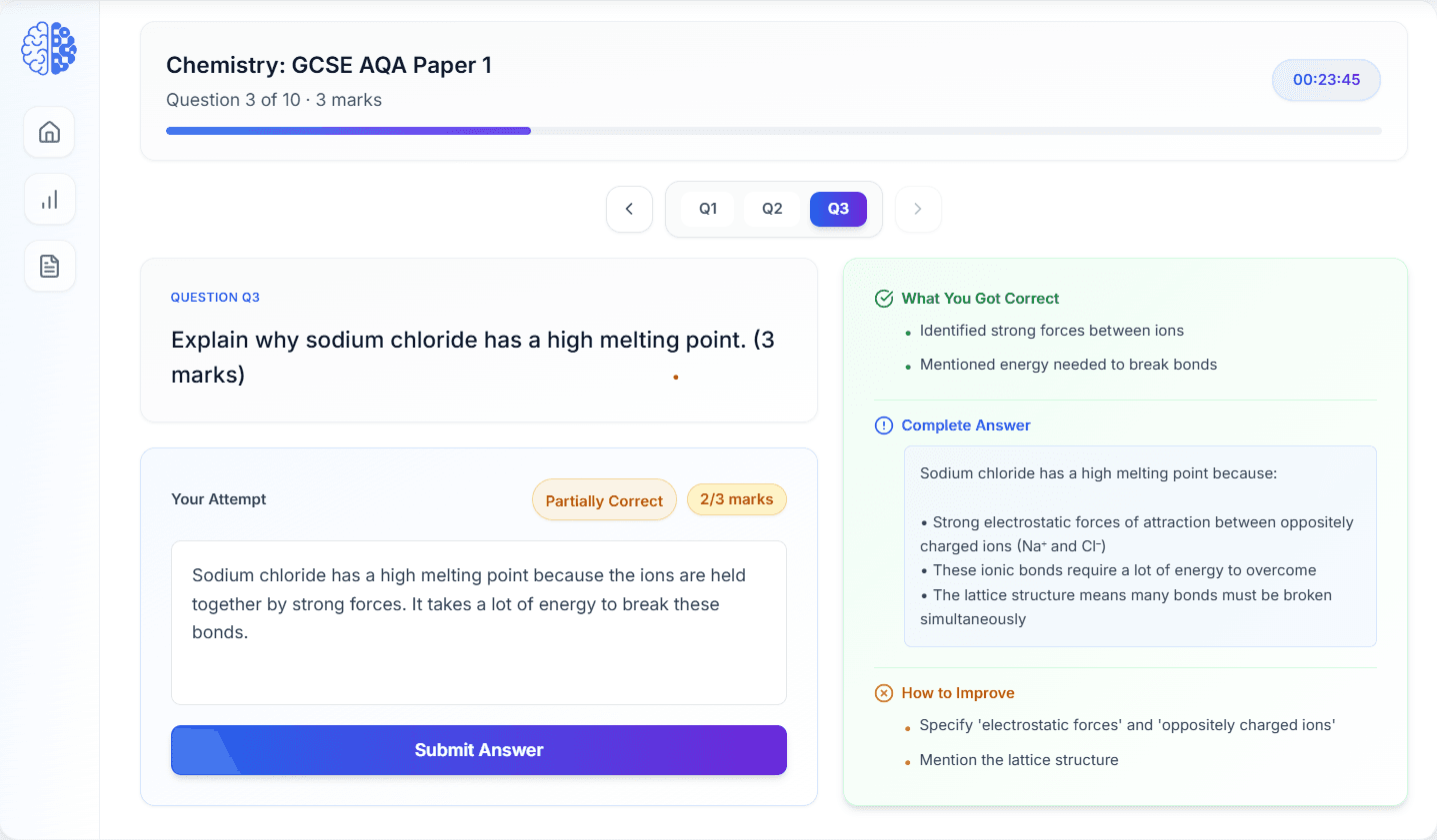 ExAIm AI-powered exam preparation platform interface showing automated marking, analytics dashboard, and student performance insights