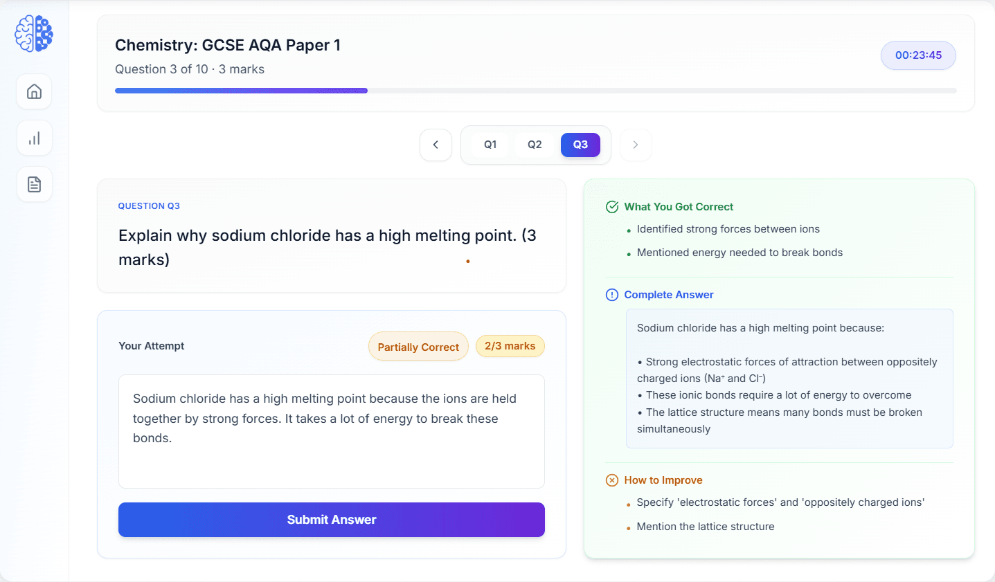 ExAIm AI-powered exam preparation platform interface showing automated marking, analytics dashboard, and student performance insights